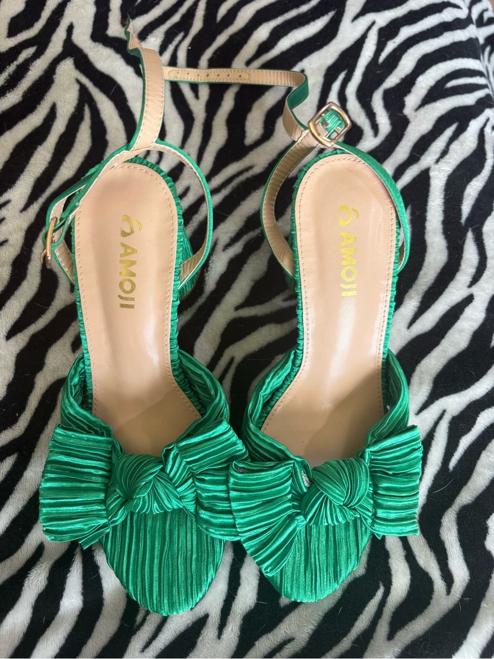 AMO Emerald Green Pleated Bow Ankle-Strap Heels